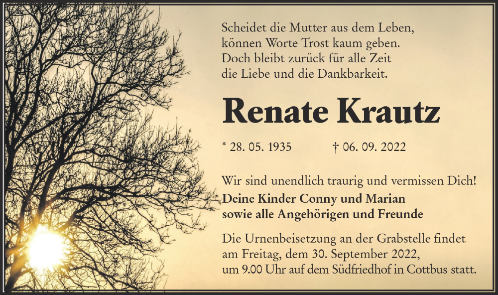  Traueranzeige für Renate Krautz vom 17.09.2022 aus lausitzer_rundschau