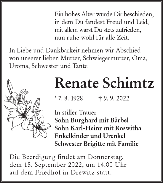 Traueranzeige von Renate Schimtz von lausitzer_rundschau