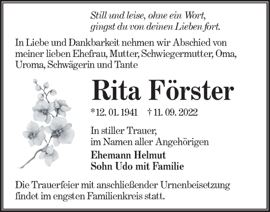 Traueranzeige von Rita Förster von lausitzer_rundschau
