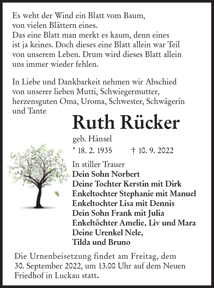  Traueranzeige für Ruth Rücker vom 17.09.2022 aus lausitzer_rundschau