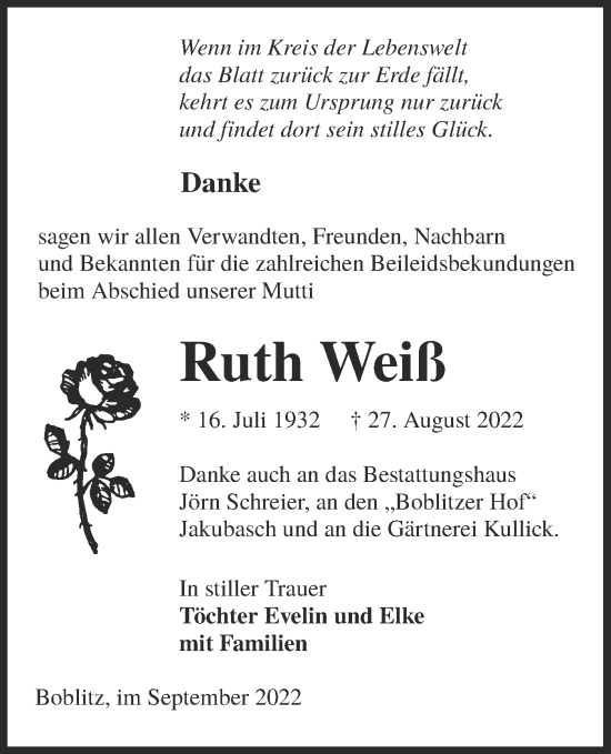 Traueranzeige von Ruth Weiß von lausitzer_rundschau