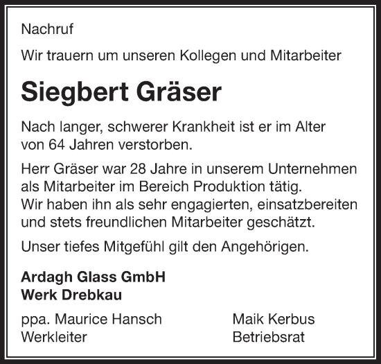 Traueranzeige von Siegbert Gräser von lausitzer_rundschau
