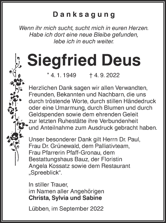 Traueranzeige von Siegfried Deus von lausitzer_rundschau