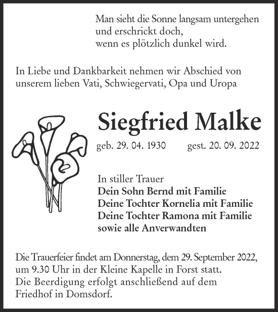 Traueranzeige von Siegfried Malke von lausitzer_rundschau
