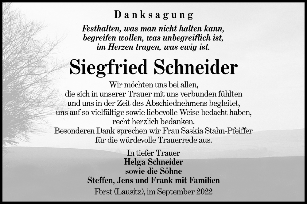  Traueranzeige für Siegfried Schneider vom 24.09.2022 aus lausitzer_rundschau