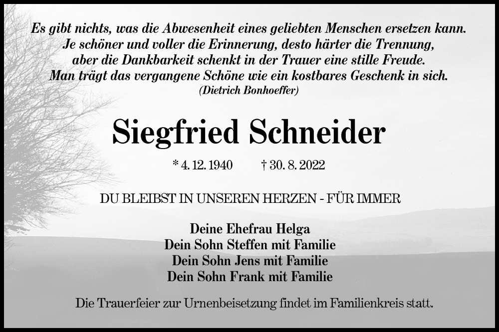  Traueranzeige für Siegfried Schneider vom 10.09.2022 aus lausitzer_rundschau