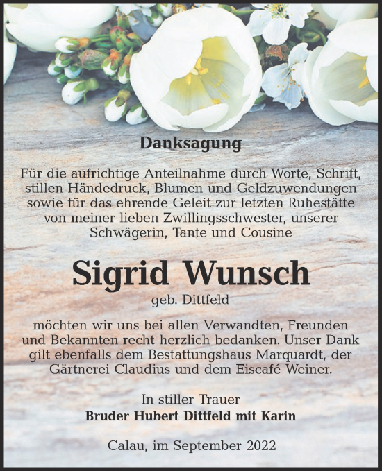 Traueranzeige von Sigrid Wunsch von lausitzer_rundschau