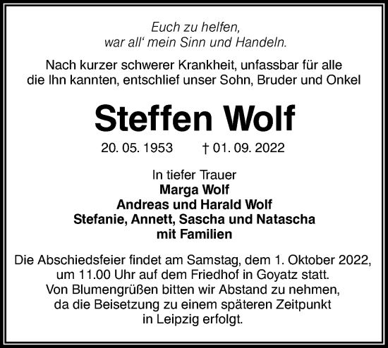 Traueranzeige von Steffen Wolf von lausitzer_rundschau