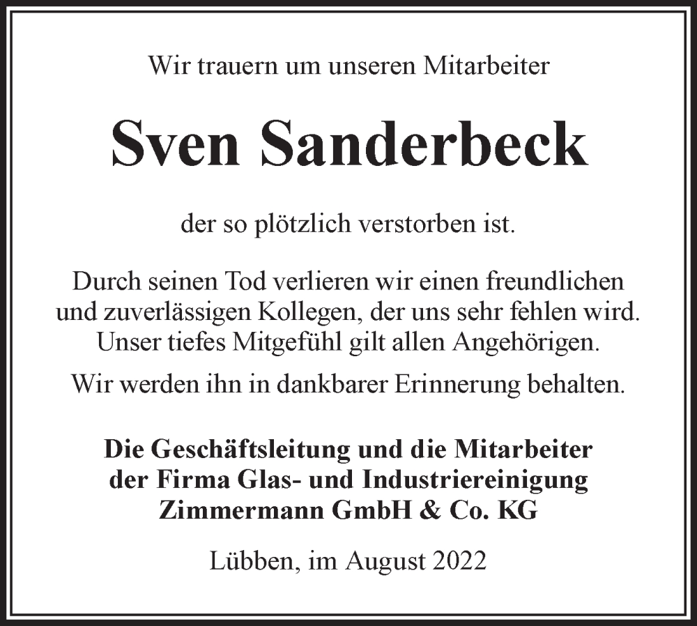  Traueranzeige für Sven Sanderbeck vom 17.09.2022 aus lausitzer_rundschau