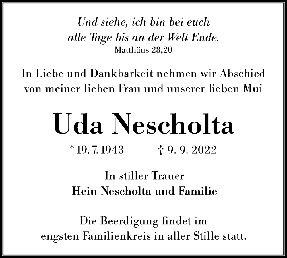  Traueranzeige für Uda Nescholta vom 14.09.2022 aus lausitzer_rundschau