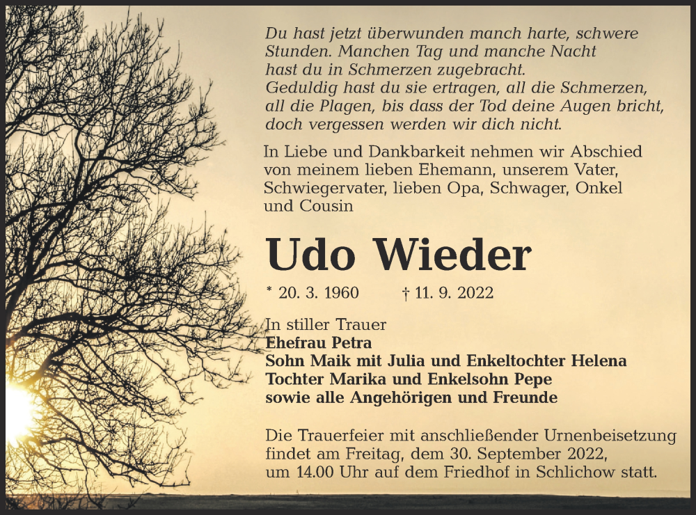  Traueranzeige für Udo Wieder vom 17.09.2022 aus lausitzer_rundschau