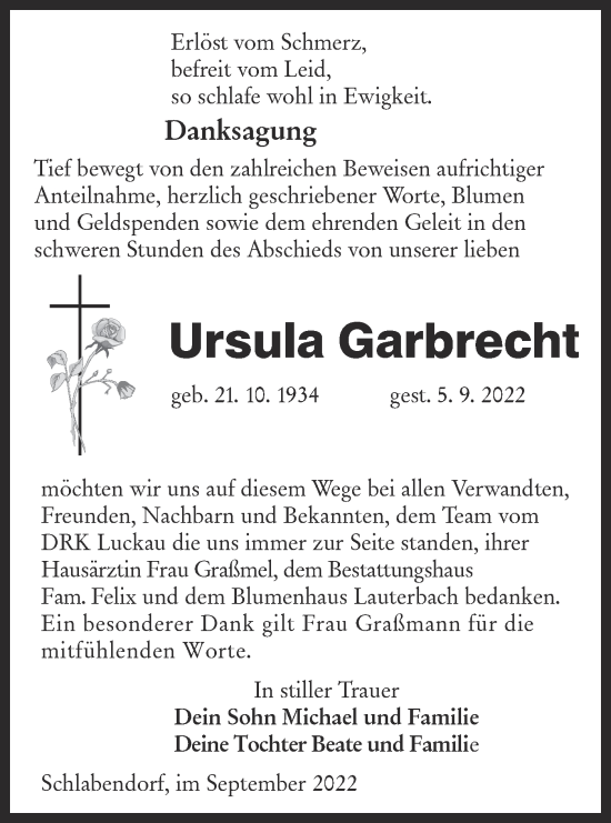 Traueranzeige von Ursula Garbrecht von lausitzer_rundschau