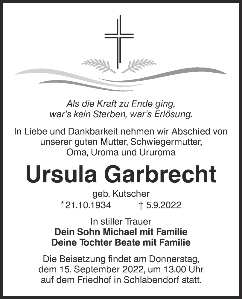  Traueranzeige für Ursula Garbrecht vom 10.09.2022 aus lausitzer_rundschau