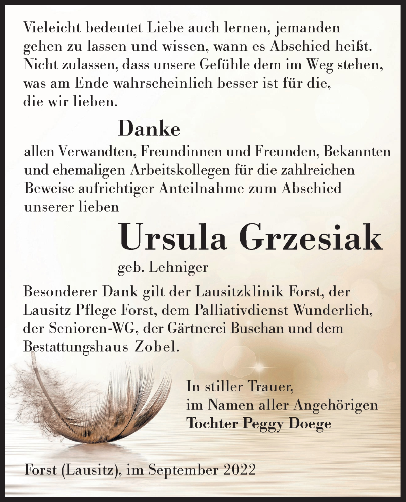  Traueranzeige für Ursula Grzesiak vom 01.10.2022 aus lausitzer_rundschau