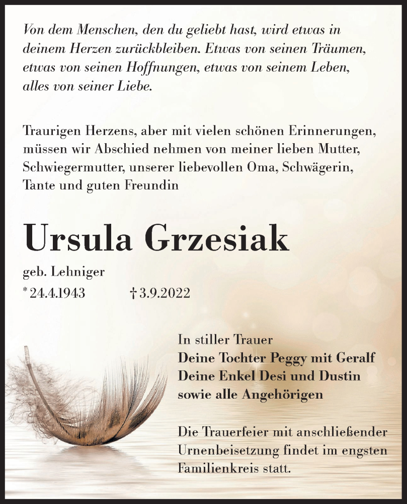  Traueranzeige für Ursula Grzesiak vom 10.09.2022 aus lausitzer_rundschau