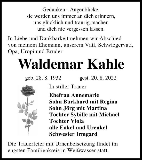 Traueranzeige von Waldemar Kahle von lausitzer_rundschau