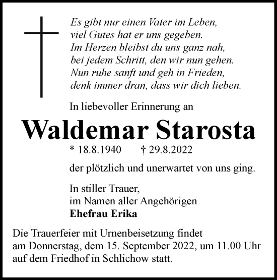 Traueranzeige von Waldemar Starosta von lausitzer_rundschau