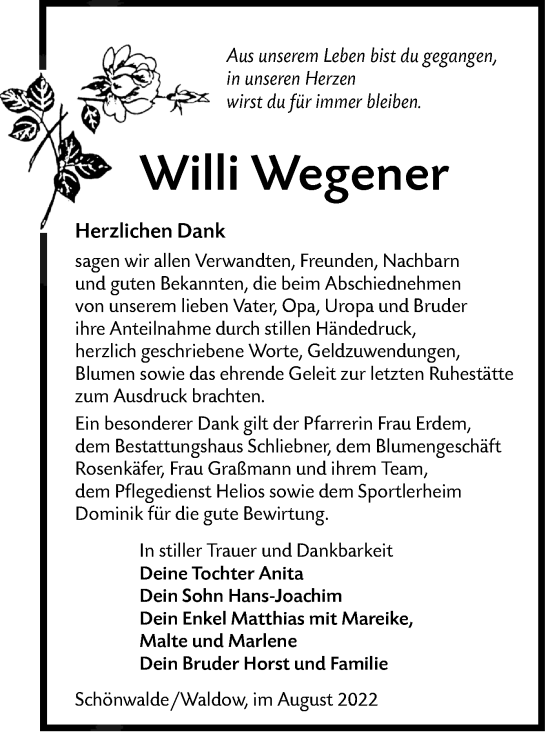 Traueranzeige von Willi Wegener von lausitzer_rundschau