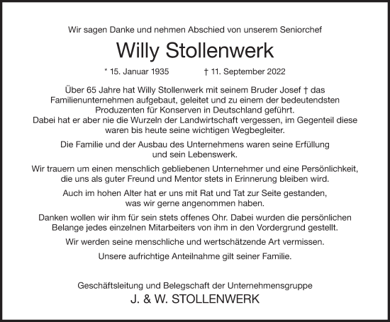 Traueranzeige von Willy Stollenwerk von lausitzer_rundschau