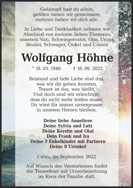 Traueranzeige von Wolfgang Höhne von lausitzer_rundschau