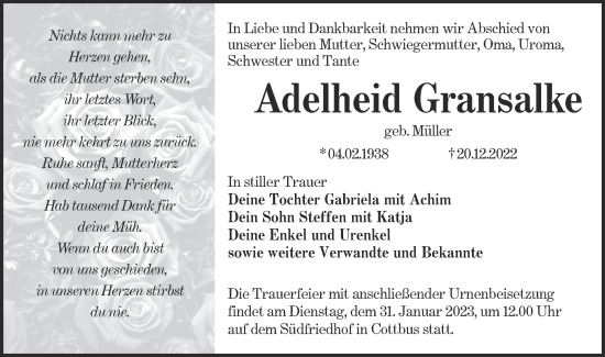 Traueranzeige von Adelheid Gransalke von Lausitzer Rundschau