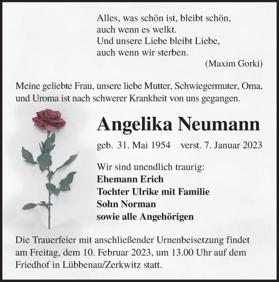 Traueranzeige von Angelika Neumann von Lausitzer Rundschau
