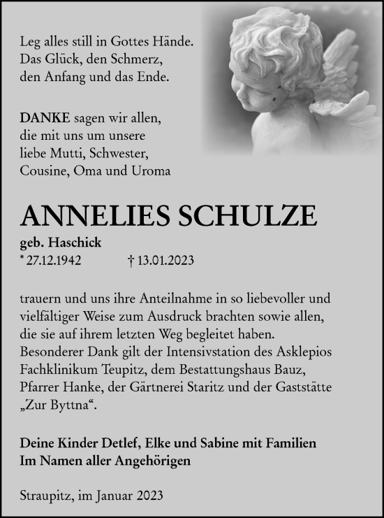 Traueranzeige von Annelies Schulze von Lausitzer Rundschau