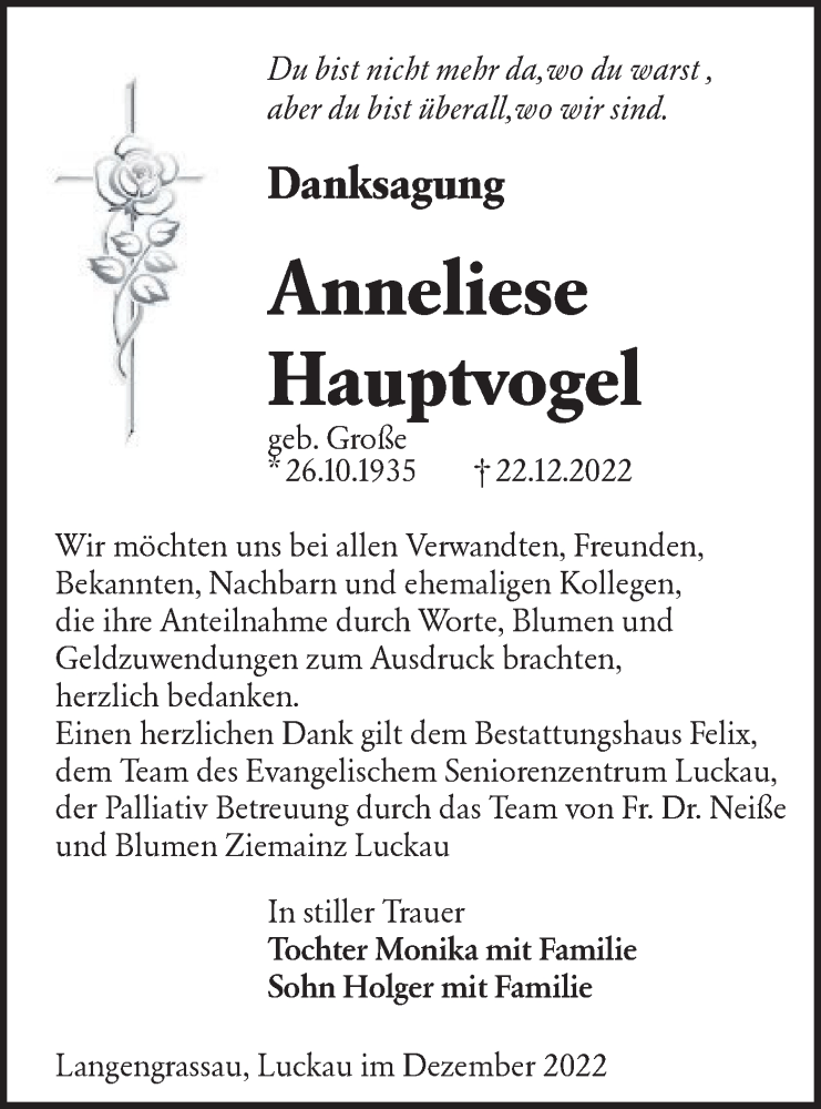  Traueranzeige für Anneliese Hauptvogel vom 21.01.2023 aus Lausitzer Rundschau