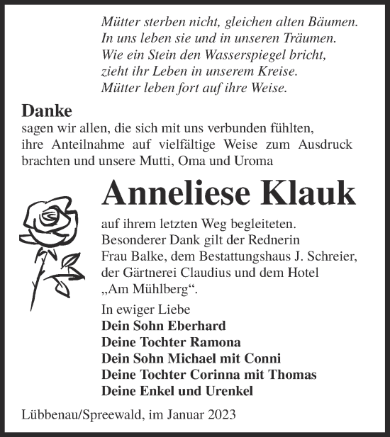 Traueranzeige von Anneliese Klauk von Lausitzer Rundschau