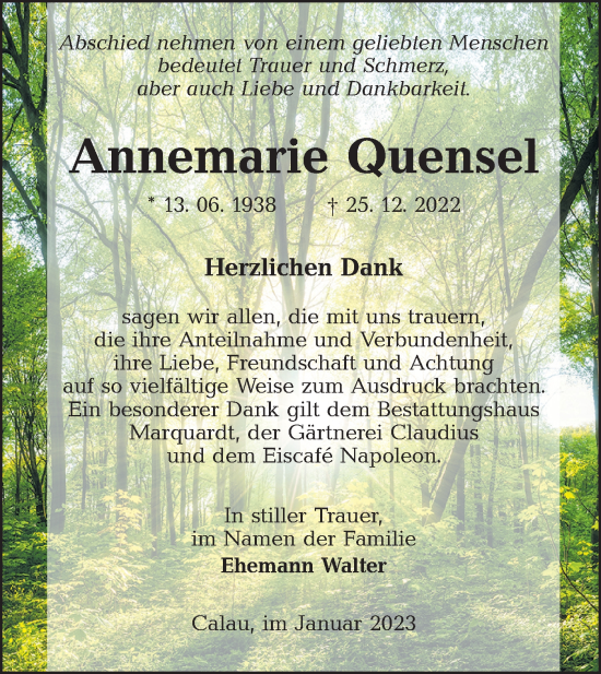 Traueranzeige von Annemarie Quensel von Lausitzer Rundschau
