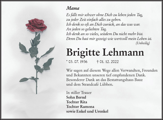 Traueranzeige von Brigitte Lehmann von lausitzer_rundschau