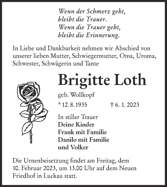 Traueranzeige von Brigitte Loth von Lausitzer Rundschau