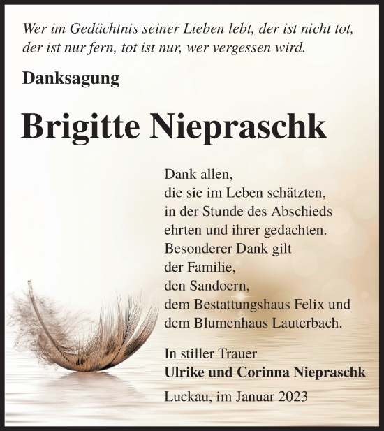 Traueranzeige von Brigitte Niepraschk von Lausitzer Rundschau