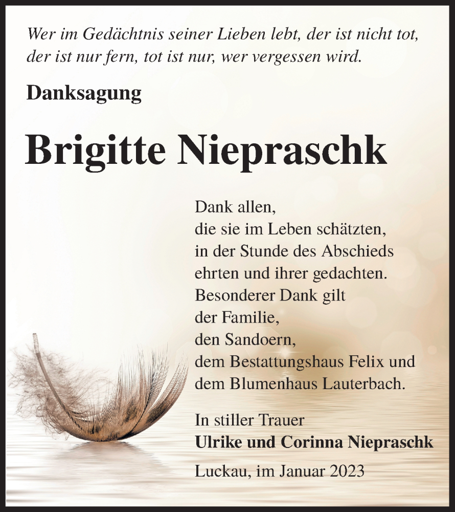  Traueranzeige für Brigitte Niepraschk vom 21.01.2023 aus Lausitzer Rundschau