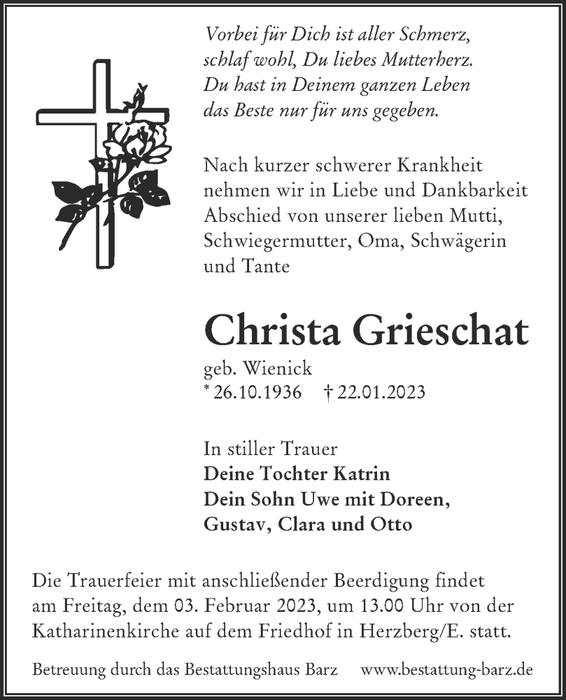  Traueranzeige für Christa Grieschat vom 26.01.2023 aus Lausitzer Rundschau