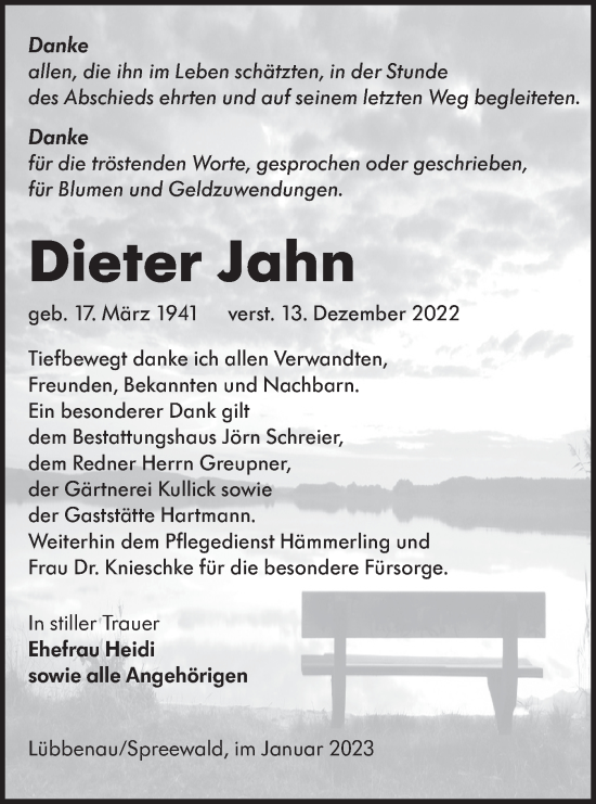 Traueranzeige von Dieter Jahn von Lausitzer Rundschau