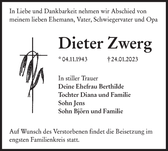 Traueranzeige von Dieter Zwerg von Lausitzer Rundschau