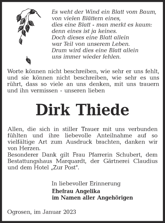 Traueranzeige von Dirk Thiede von lausitzer_rundschau