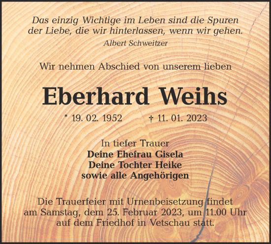 Traueranzeige von Eberhard Weihs von Lausitzer Rundschau