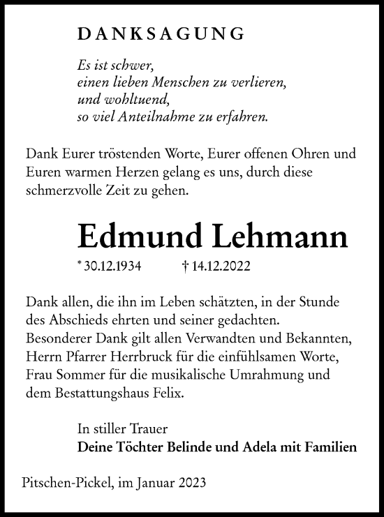 Traueranzeige von Edmund Lehmann von Lausitzer Rundschau