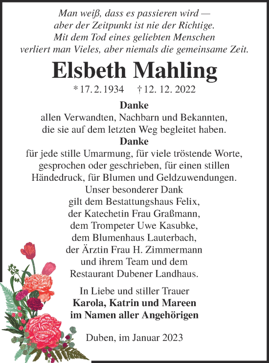 Traueranzeige von Elsbeth Mahling von Lausitzer Rundschau