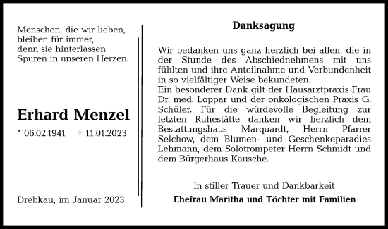 Traueranzeige von Erhard Menzel von Lausitzer Rundschau