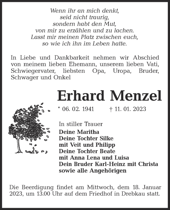 Traueranzeige von Erhard Menzel von Lausitzer Rundschau