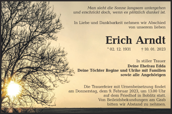 Traueranzeige von Erich Arndt von Lausitzer Rundschau