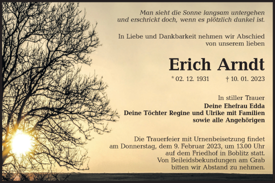 Traueranzeige von Erich Arndt von Lausitzer Rundschau