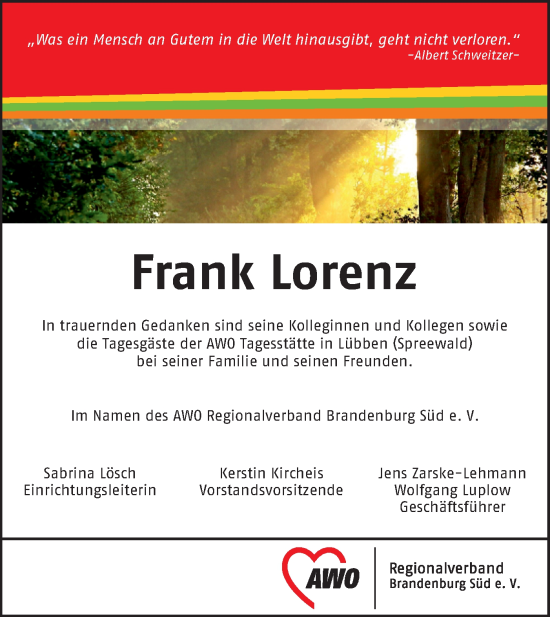 Traueranzeige von Frank Lorenz von Lausitzer Rundschau
