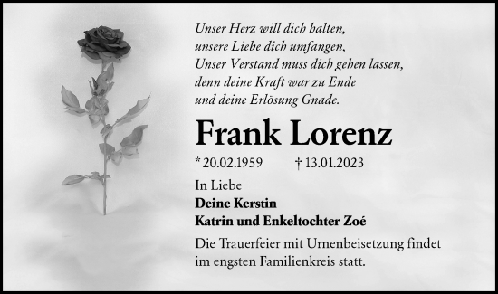 Traueranzeige von Frank Lorenz von Lausitzer Rundschau