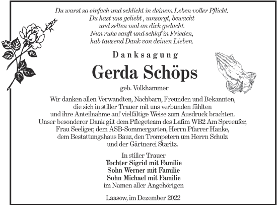 Traueranzeige von Gerda Schöps von lausitzer_rundschau