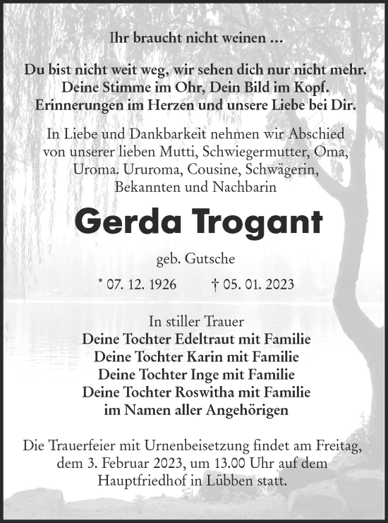 Traueranzeige von Gerda Trogant von Lausitzer Rundschau