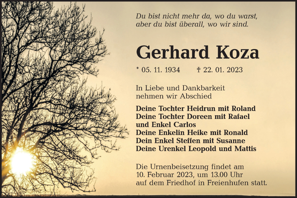  Traueranzeige für Gerhard Koza vom 28.01.2023 aus Lausitzer Rundschau